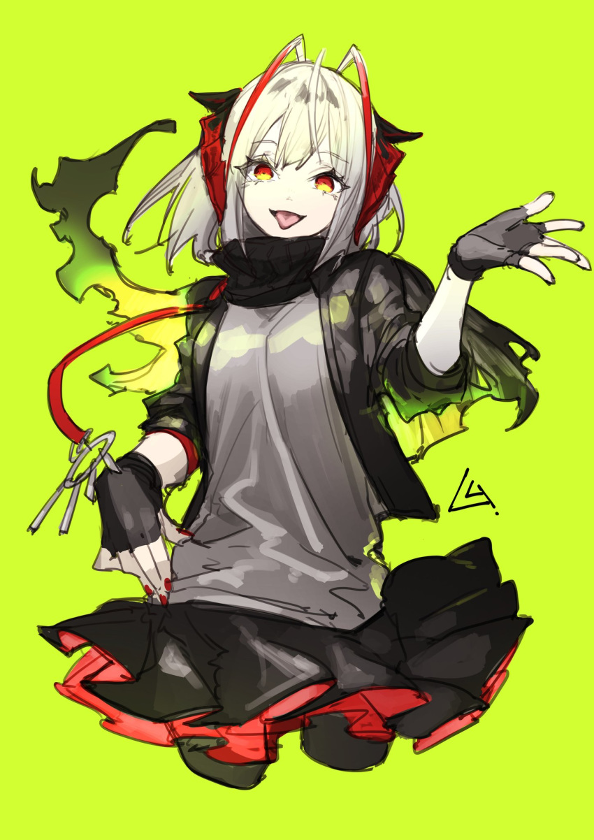 1girl, ahoge, arknights, black_gloves, black_jacket, black_legwear, black_scarf, black_skirt