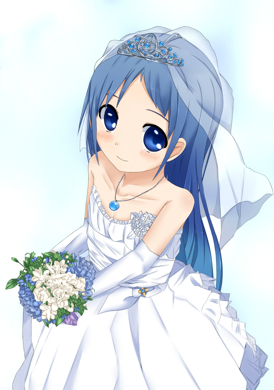 blue_eyes, blue_hair, bouquet, collar, collarbone, dress, elbow_gloves, flower