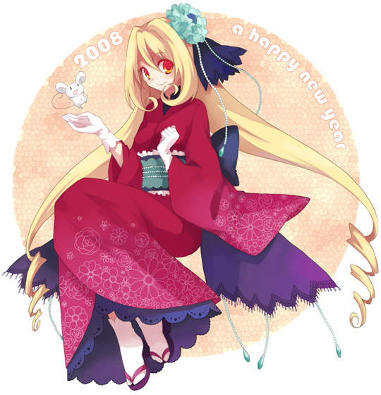 blonde_hair, drill_hair, furisode, hair_ornament, japanese_clothes, kimono, koto_(colorcube), koto_(pixiv23906)