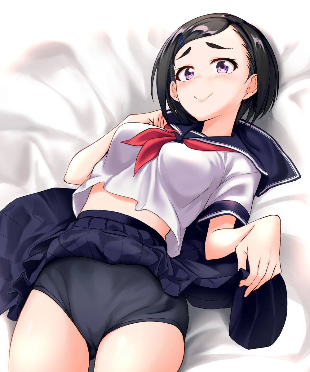 1girl, black_buruma, black_hair, black_skirt, blush, breasts, buruma, highres