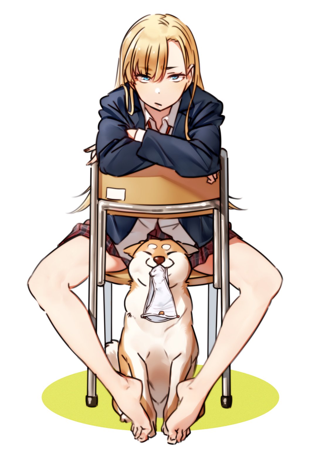 1girl, bangs, bare_legs, blazer, blonde_hair, chair, closed_mouth, convenient_censoring