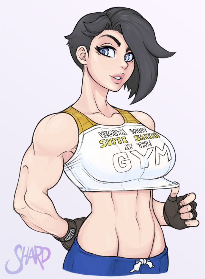 1girl, abs, artist_name, bare_shoulders, black_hair, breasts, collarbone, english_text