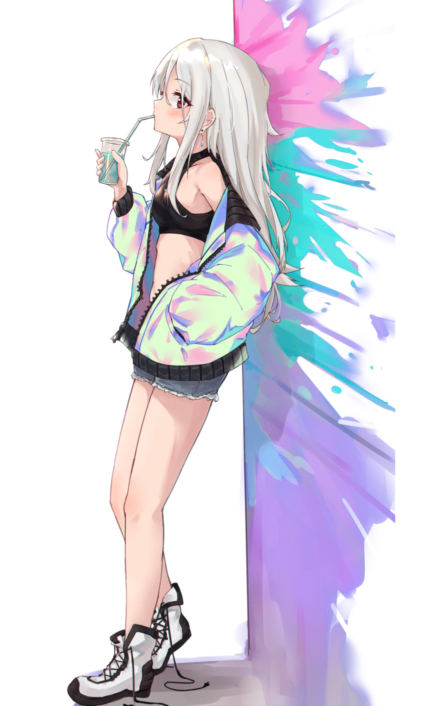 0shino, 1girl, absurdres, against_wall, armpits, bare_legs, bare_shoulders, black_shirt
