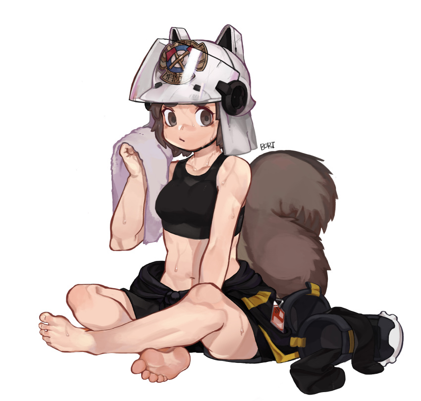 1girl, absurdres, animal_ears_helmet, arknights, barefoot, boridongja, brown_eyes, brown_hair
