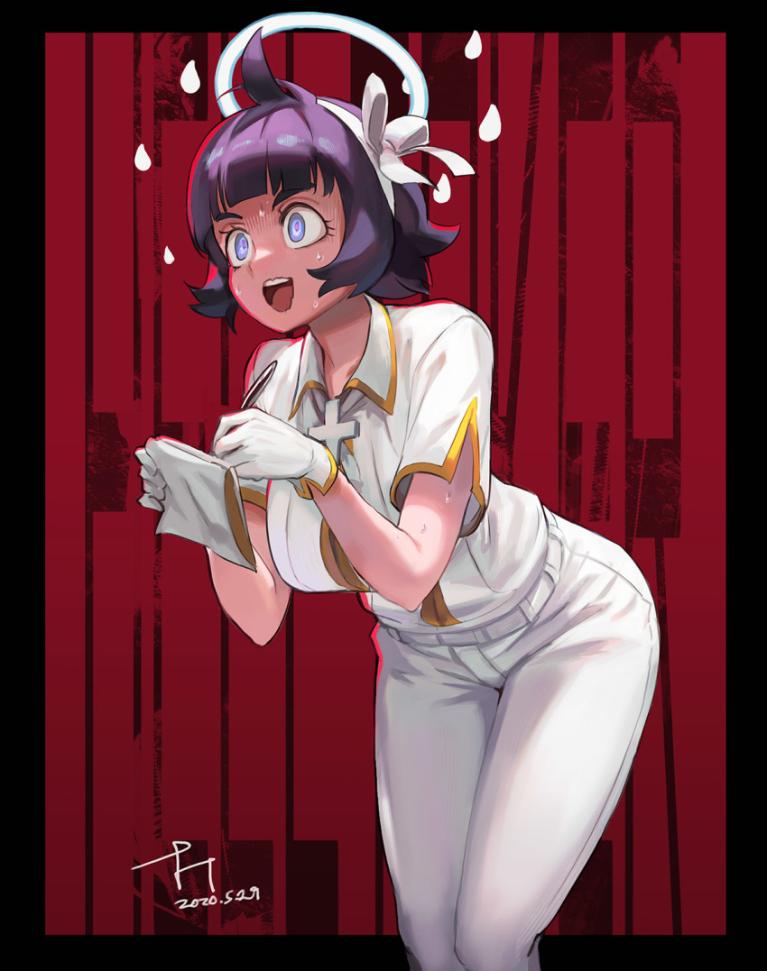 1girl, azazel_(helltaker), bangs, black_border, black_hair, border, breasts, dated