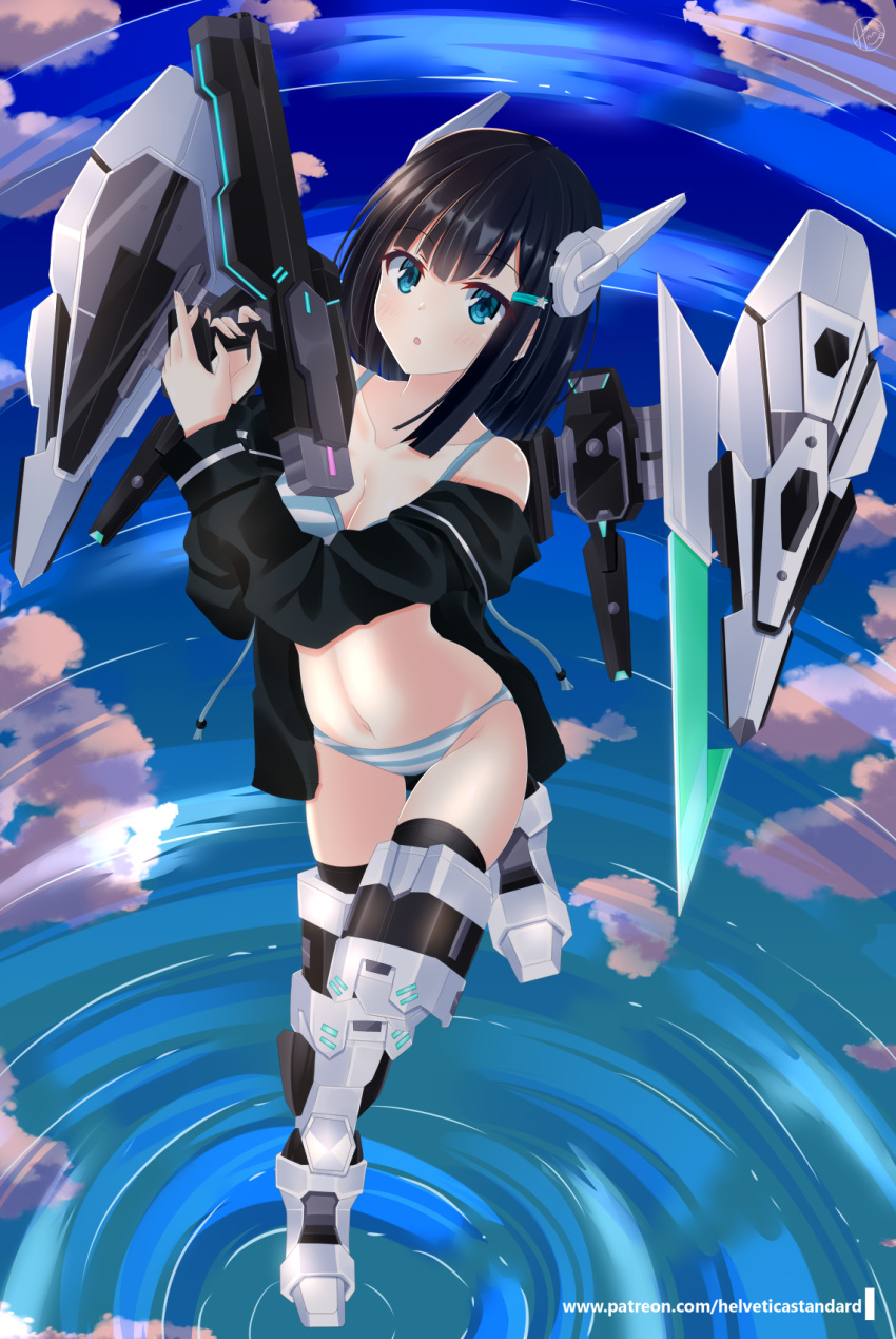 1girl, arms_up, bare_shoulders, black_hair, black_jacket, blue_bra, blue_eyes, blue_panties