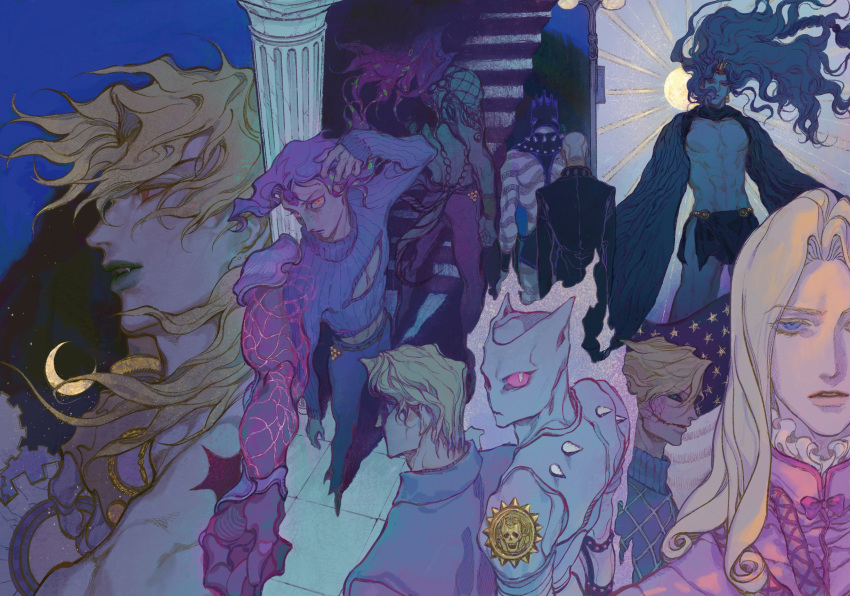 6+boys, arm_up, bald, black_hair, black_sclera, blonde_hair, blue_eyes, cleavage_cutout, clenched_hand, closed_mouth, covered_navel, crack, crescent_moon, diavolo, dio_brando, earrings, enrico_pucci, eyeshadow, fang, forest, frills, funny_valentine, gears, glasgow_smile, green_eyes, green_lips, highres, jewelry, jojo_no_kimyou_na_bouken, kars_(jojo), killer_queen, king_crimson_(stand), kira_yoshikage, kira_yoshikage_(jojolion), light_rays, long_hair, looking_back, makeup, medium_hair, mitus, moon, multiple_boys, nature, navel, orange_eyes, parted_lips, pillar, pink_hair, pink_lips, pink_sclera, purple_hair, red_eyes, scar, shaded_face, shirtless, sleeves_past_wrists, slit_pupils, smile, spikes, stand_(jojo), standing, star_(sky), star_(symbol), sun, tattoo, the_world, vampire, vinegar_doppio, white_eyes, whitesnake_(stand), wings