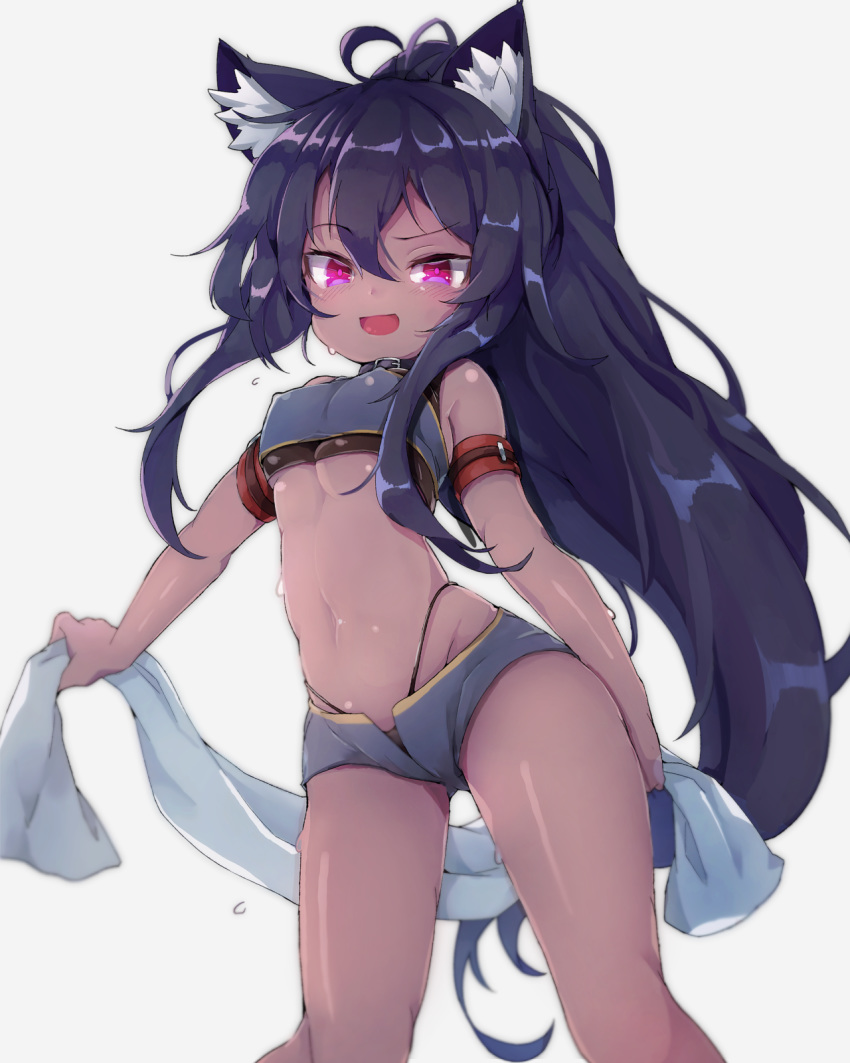 1girl, animal_ears, black_collar, black_hair, black_panties, borrowed_character, breasts, collar, commission, covered_nipples, dark_skin, dungeon_and_fighter, highleg, highleg_panties, highres, long_hair, looking_at_viewer, navel, panties, pink_eyes, ponytail, short_shorts, shorts, simple_background, sleeveless, small_breasts, smile, solo, standing, stomach, teranekosu, towel, underwear, wet, white_background