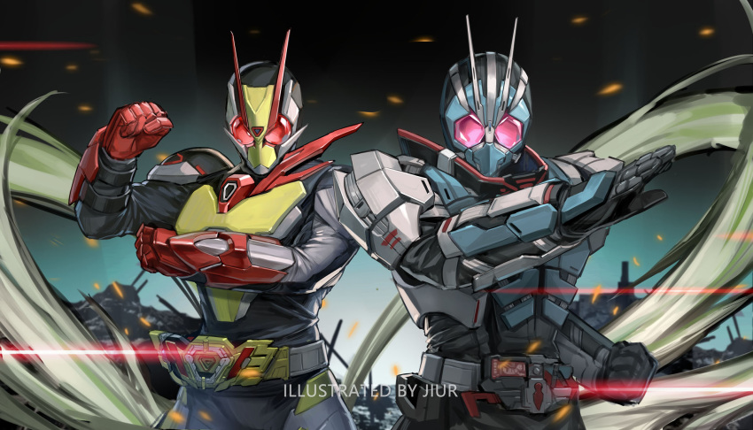 2boys, antennae, armor, belt, debris, father_and_son, henshin_pose, highres