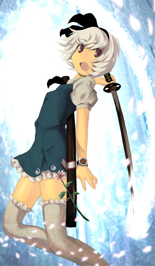 flower, hitodama, konpaku_youmu, konpaku_youmu_(ghost), kusobaka, myon, short_hair, stockings