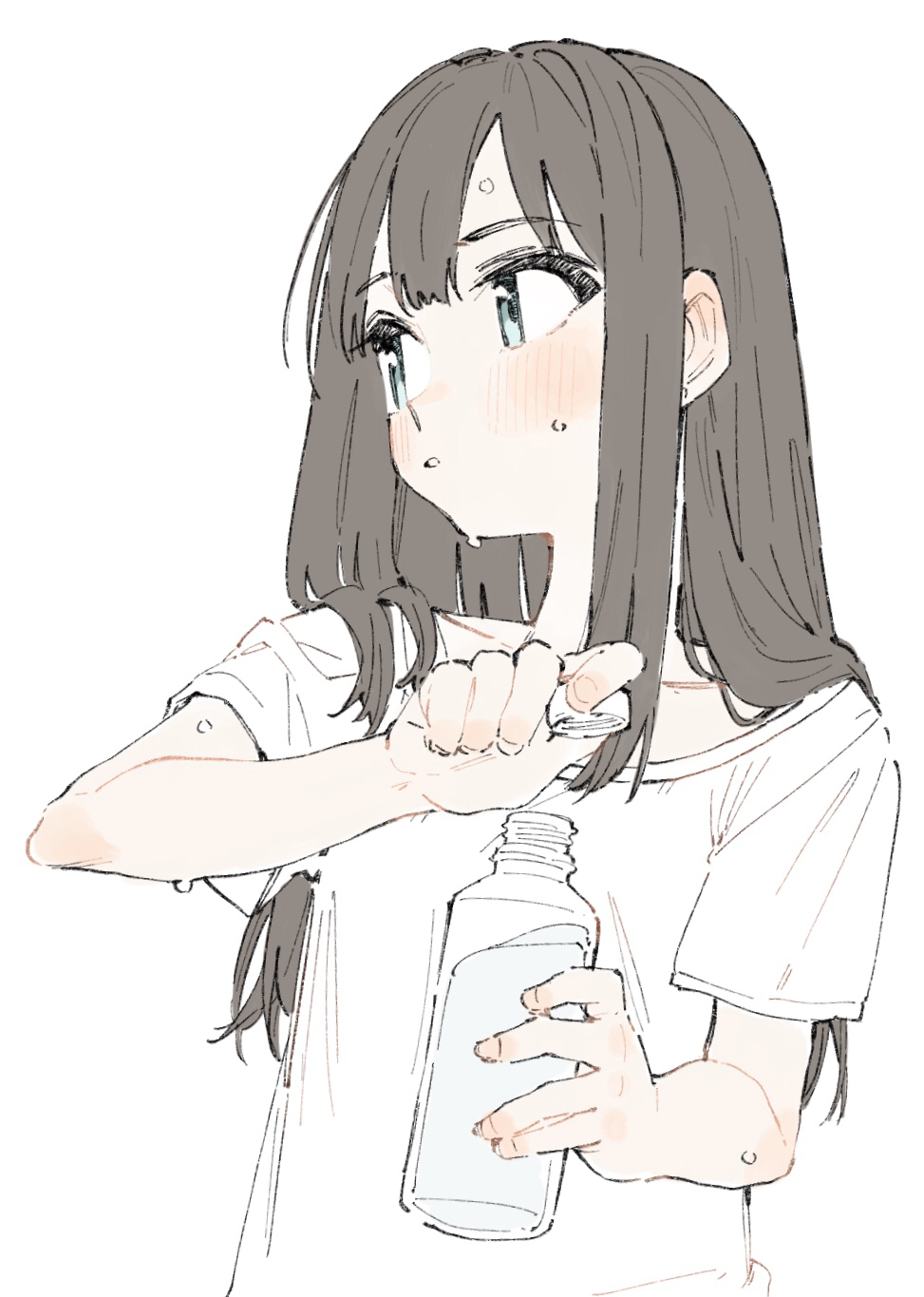 1girl, black_hair, blush, bottle, bottle_cap, green_eyes, highres, holding