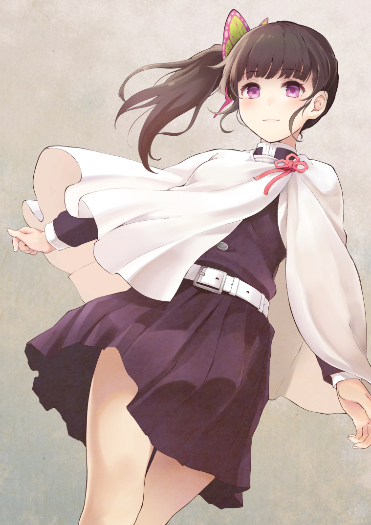 1girl, bangs, beige_background, belt, black_hair, blush, butterfly_hair_ornament, closed_mouth