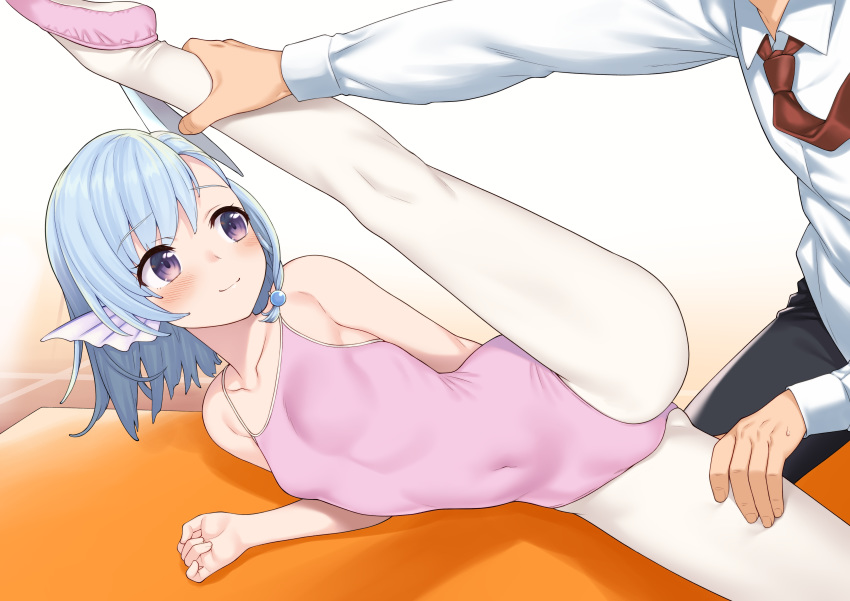 1boy, 1girl, absurdres, bare_arms, bare_shoulders, black_pants, blue_hair, blush