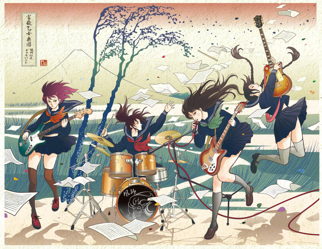 band, bass_guitar, braid, drum, drum_set, drums, fine_art_parody, fuji, guitar, instrument, instruments, microphone, microphone_stand, mount_fuji, mountain, multiple_girls, nadeshiko_rin, nihonga, original, parody, ponytail, school_uniform, serafuku, sheet_music, thigh-highs, thighhighs, translated, twin_braids, ukiyo-e