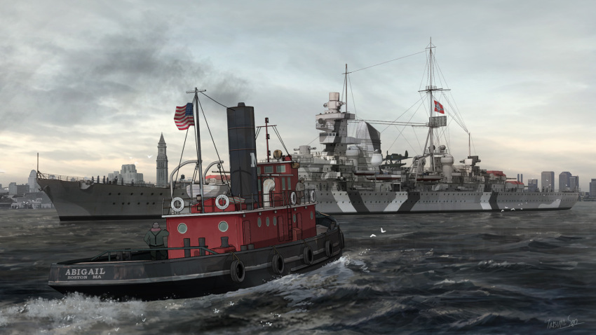 aircraft, american_flag, boat, camouflage, cityscape, day, heavy_cruiser, highres