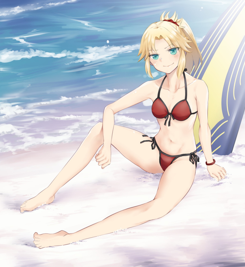 1girl, aqua_eyes, bare_shoulders, barefoot, beach, bikini, blonde_hair, blush, bracelet, breasts, fate/grand_order, fate_(series), highres, jewelry, looking_at_viewer, mordred_(fate)_(all), mordred_(swimsuit_rider)_(fate), navel, ocean, ponytail, red_bikini, sitting, smile, solo, surfboard, swimsuit, taichi