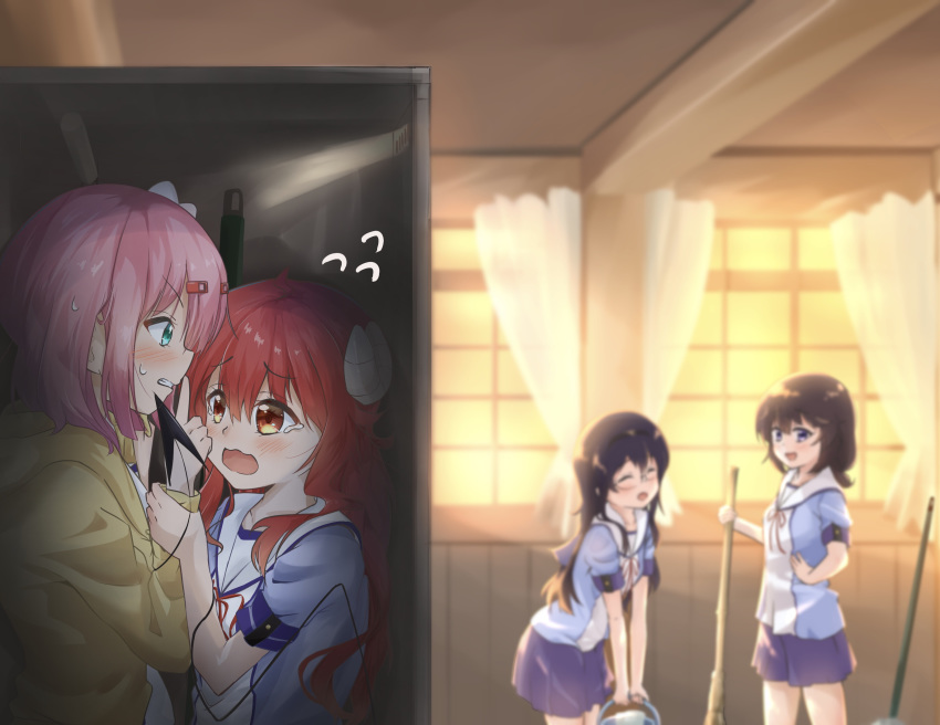 4girls, ahoge, black_hair, blush, broom, brown_eyes, brown_hair, bucket, chiyoda_momo, classroom, curled_horns, curtains, demon_girl, demon_horns, demon_tail, eyebrows_visible_through_hair, glasses, hair_ornament, hair_ribbon, hairclip, highres, horns, locker, long_hair, machikado_mazoku, multiple_girls, ogura_shion, open_mouth, pink_hair, ribbon, sata_anri, school_uniform, serafuku, shiny, shiny_hair, short_hair, skirt, smile, syuyakustar, tail, tears, window, yoshida_yuuko_(machikado_mazoku)