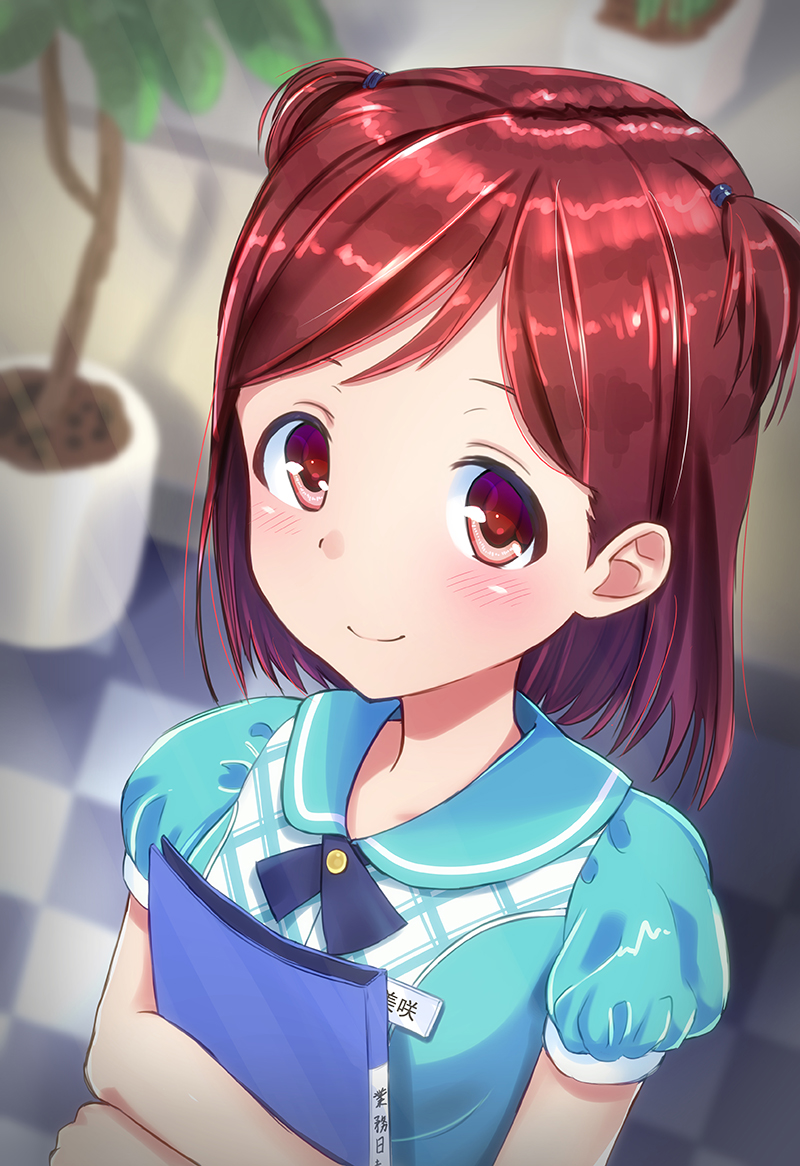 1girl, aoba_misaki, bangs, binder, blue_shirt, blurry, blurry_background, blush, crossed_arms, holding, hydro_p, idolmaster, idolmaster_million_live!, idolmaster_million_live!_theater_days, indoors, looking_at_viewer, parted_bangs, plant, potted_plant, red_eyes, redhead, shirt, short_sleeves, solo, upper_body