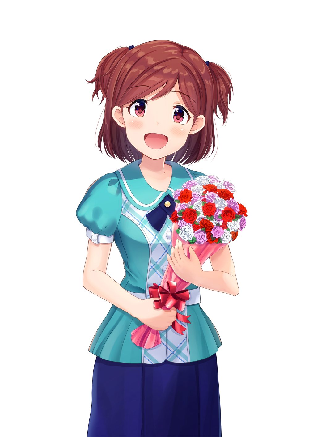 1girl, :d, aoba_misaki, blue_shirt, blue_skirt, blush, bouquet, brown_eyes