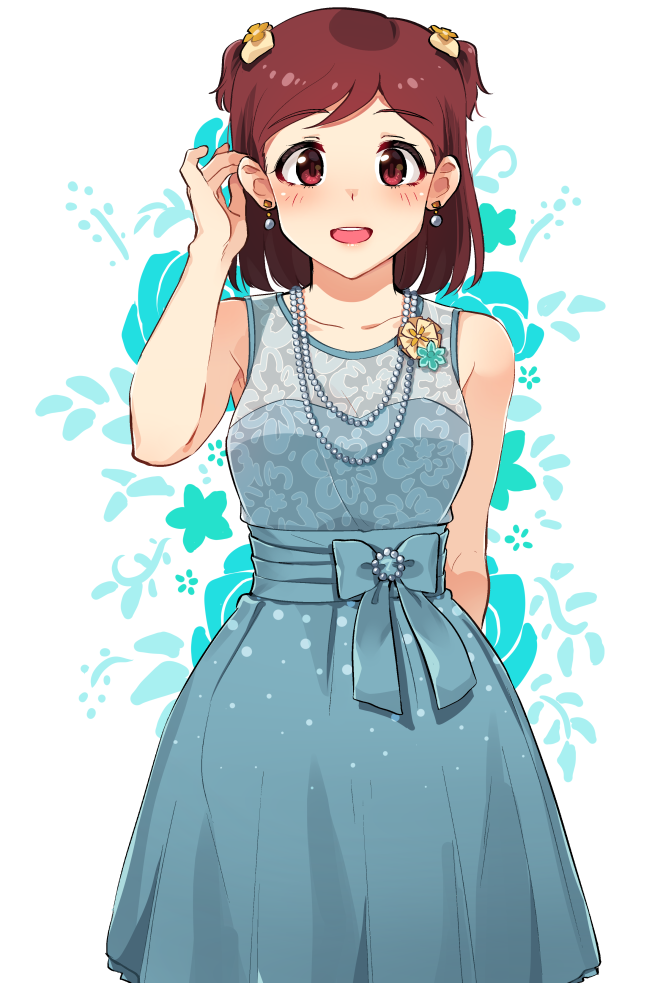1girl, :d, aoba_misaki, arm_behind_back, blue_dress, blush, brown_hair, dress