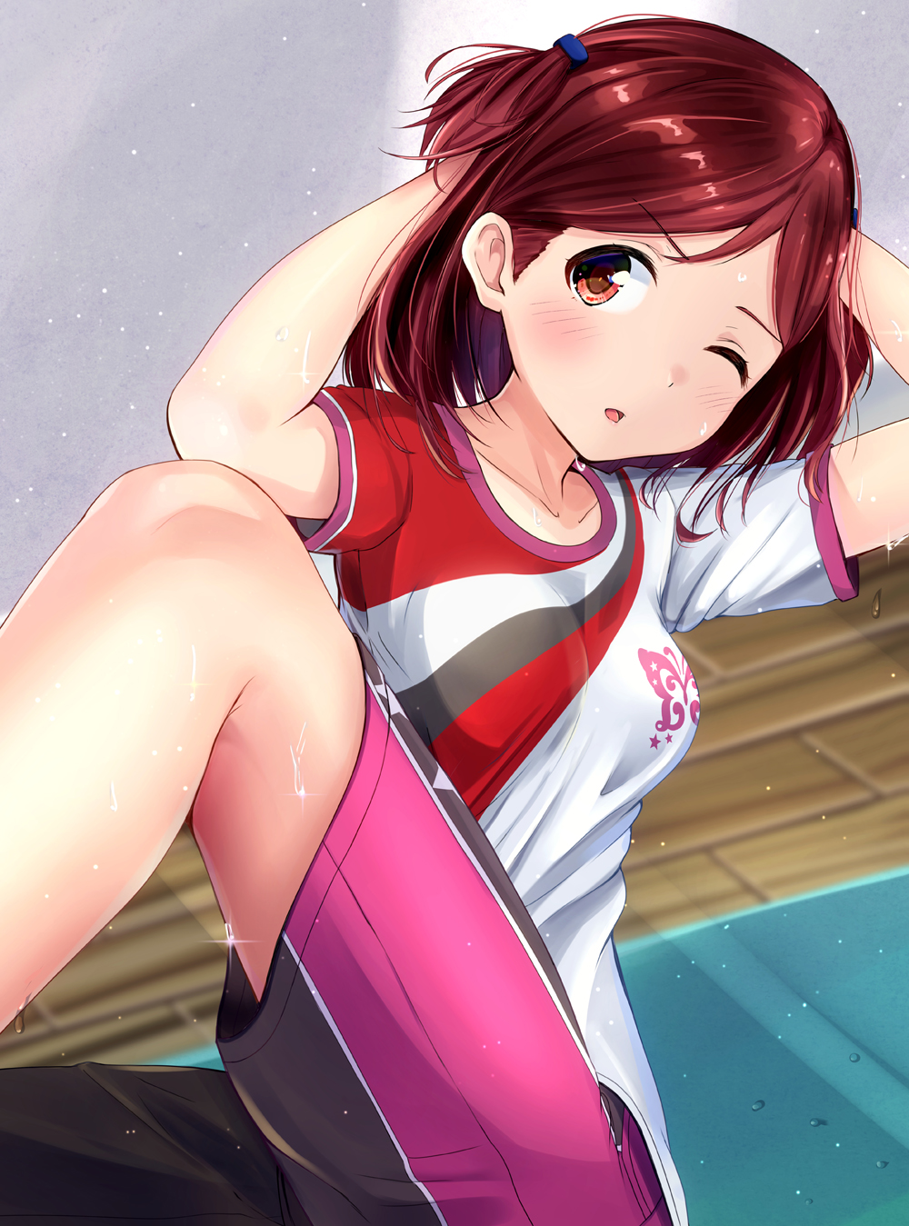 1girl, ;o, aoba_misaki, arms_behind_head, brown_eyes, brown_hair, grey_t-shirt, highres