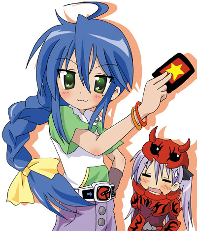 :3, ahoge, alternate_hairstyle, braid, cosplay, hiiragi_kagami, izumi_konata, kamen_rider, kamen_rider_den-o_(series), lowres, lucky_star, massala, momotaros, momotaros_(cosplay), parody