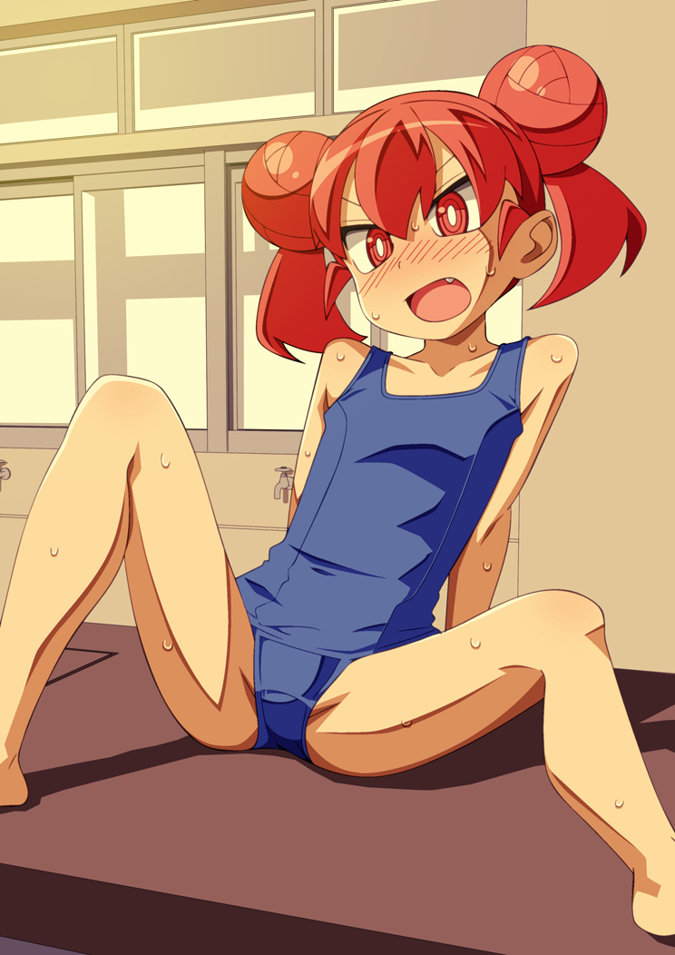 1girl, arms_behind_back, bangs, blue_swimsuit, blush, carinae, commentary_request, double_bun, fang, feet, hair_between_eyes, indoors, open_mouth, orange_eyes, orange_hair, school_swimsuit, short_twintails, sitting, solo, spread_legs, sweat, swimsuit, tongue, twintails, ueno-san_wa_bukiyou, ueno_(ueno-san_wa_bukiyou), v-shaped_eyebrows