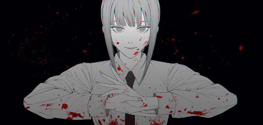 1girl, bangs, black_background, black_neckwear, blood, blood_on_face, bloody_clothes, bloody_hands
