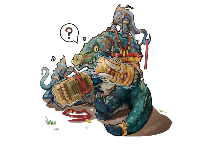 3others, ?, absurdres, armband, aztec, blue_scales, crocodilian, gauntlets