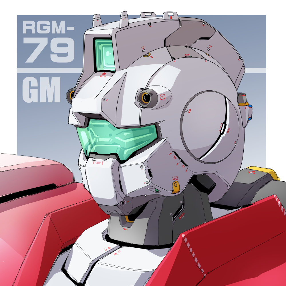 character_name, close-up, earth_federation, gm_(mobile_suit), gradient, gradient_background, grey_background, gundam