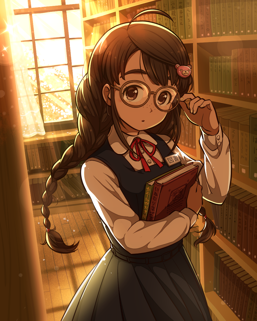 1girl, adjusting_eyewear, ahoge, aopanda, bangs, bear_hair_ornament, book, bookshelf, braid, brown-framed_eyewear, brown_eyes, brown_hair, dress, freckles, glasses, hair_ornament, highres, holding, holding_book, idolmaster, idolmaster_cinderella_girls, indoors, long_hair, long_sleeves, looking_at_viewer, name_tag, okuyama_saori, pinafore_dress, schoolgirl_wear_(idolmaster), solo, standing, sunlight, swept_bangs, thick_eyebrows, twin_braids, window