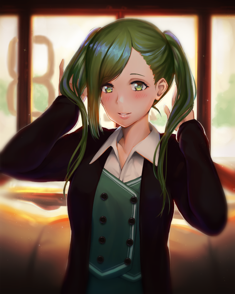 1girl, blurry, blurry_background, blush, green_eyes, green_hair, green_vest, hand_up
