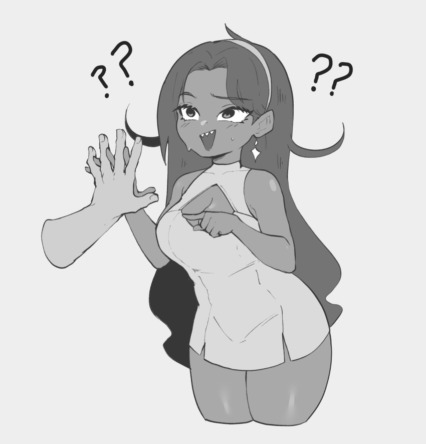 1boy, 1girl, ??, cleavage_cutout, cropped_legs, disembodied_limb, dress, earrings