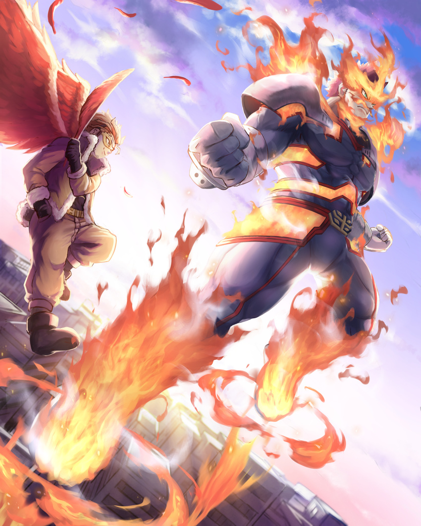 2boys, bangs, beard, belt, blonde_hair, bodysuit, boku_no_hero_academia, clouds