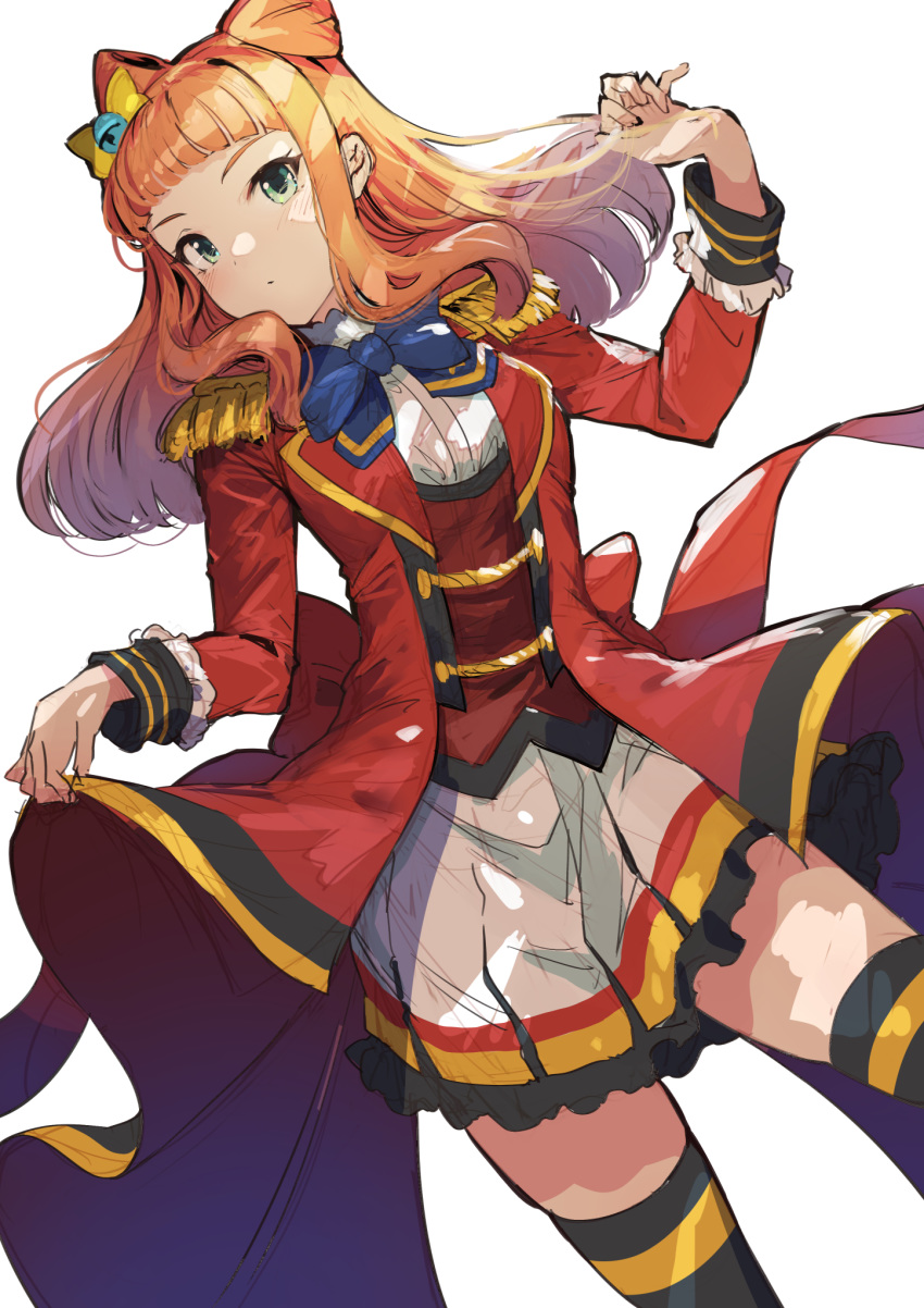 1girl, aikatsu!_(series), aikatsu_stars!, bangs, black_legwear, blue_bow, blunt_bangs, bow, bowtie, closed_mouth, clothes_lift, coat, commentary_request, double_bun, dress_shirt, dutch_angle, epaulettes, fringe_trim, green_eyes, hair_bow, hand_up, high_collar, highres, koruse, long_hair, long_sleeves, looking_at_viewer, orange_hair, over-kneehighs, petticoat, pleated_skirt, red_coat, s4_uniform, saotome_ako, shirt, sidelocks, simple_background, single_stripe, skirt, sleeve_cuffs, solo, standing, striped, striped_legwear, striped_skirt, tailcoat, thigh-highs, waistcoat, white_background, white_shirt, white_skirt, yellow_neckwear