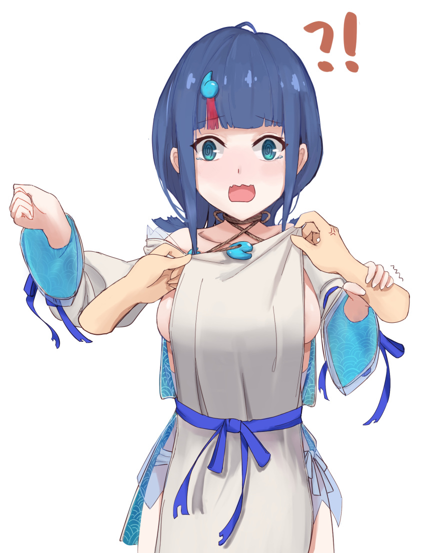 !?, 1girl, @_@, absurdres, anger_vein, bangs, bare_shoulders, black_hair, blue_eyes, blue_ribbon, blush, breasts, collarbone, disembodied_limb, dress, dress_pull, fate/grand_order, fate/requiem, fate_(series), highres, jewelry, jieqie, large_breasts, long_sleeves, looking_at_viewer, magatama, magatama_hair_ornament, medium_hair, multicolored_hair, necklace, open_mouth, pelvic_curtain, pink_hair, puffy_long_sleeves, puffy_sleeves, ribbon, short_dress, sideboob, sideless_outfit, simple_background, solo_focus, streaked_hair, tearing_up, thighs, utsumi_erise, wavy_mouth, white_background, white_dress