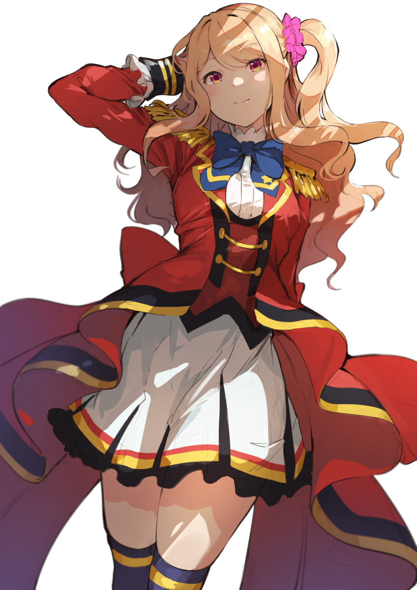1girl, aikatsu!_(series), aikatsu_stars!, arm_behind_back, arm_up, bangs, black_legwear, blonde_hair
