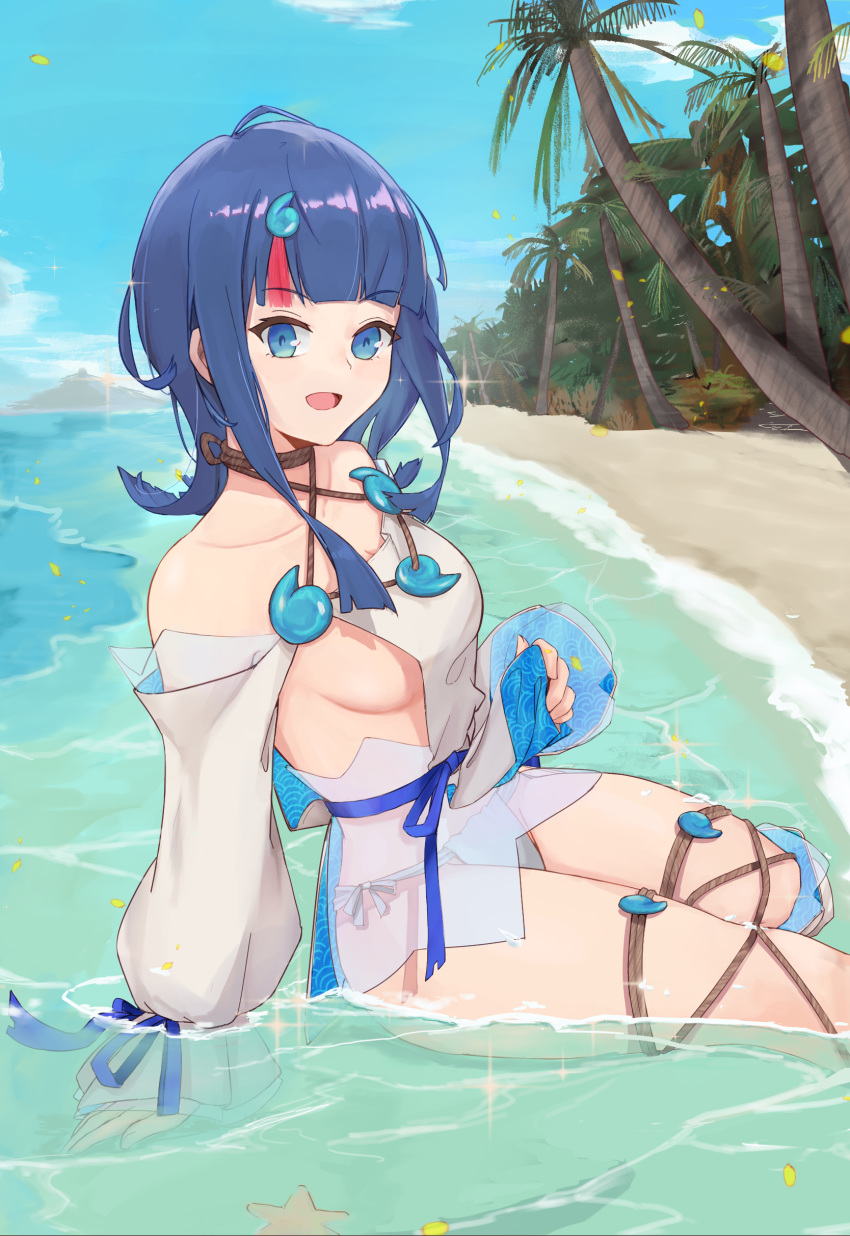 1girl, absurdres, bangs, bare_shoulders, beach, black_hair, blue_eyes, blue_ribbon