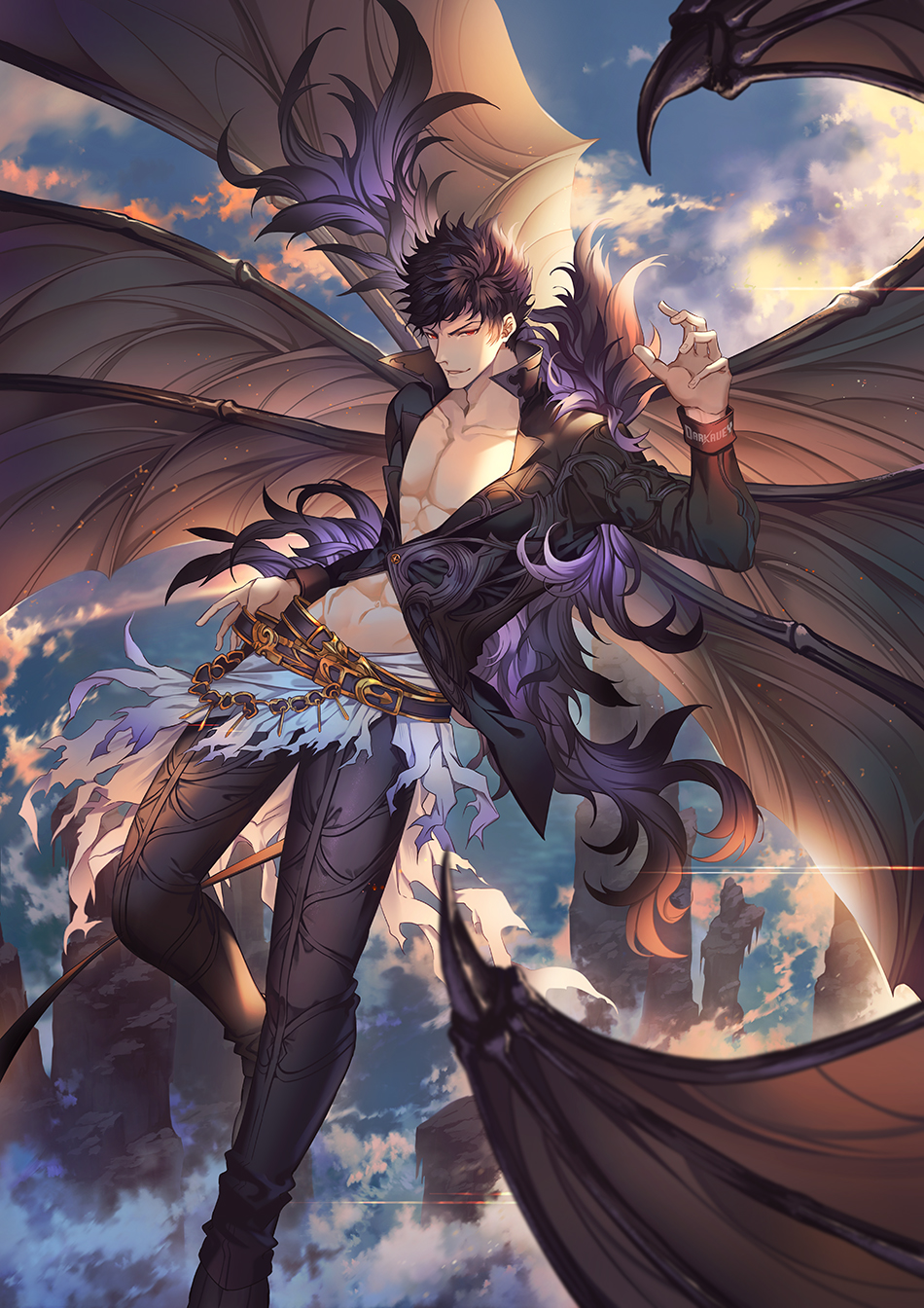 1boy, abs, adjusting_belt, bangs, bat_wings, belial_(the_seven_deadly_sins), belt, black_hair