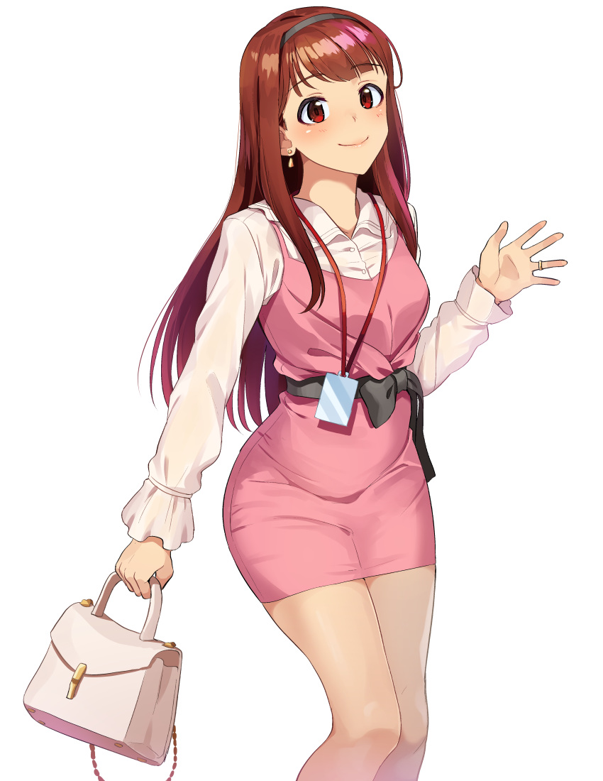 1girl, absurdres, bag, bangs, black_hairband, black_sash, brown_hair, closed_mouth