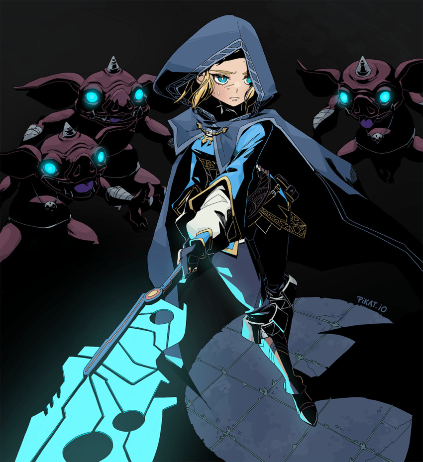 1girl, blonde_hair, blue_eyes, bokoblin, cape, darkness, energy_weapon, frown