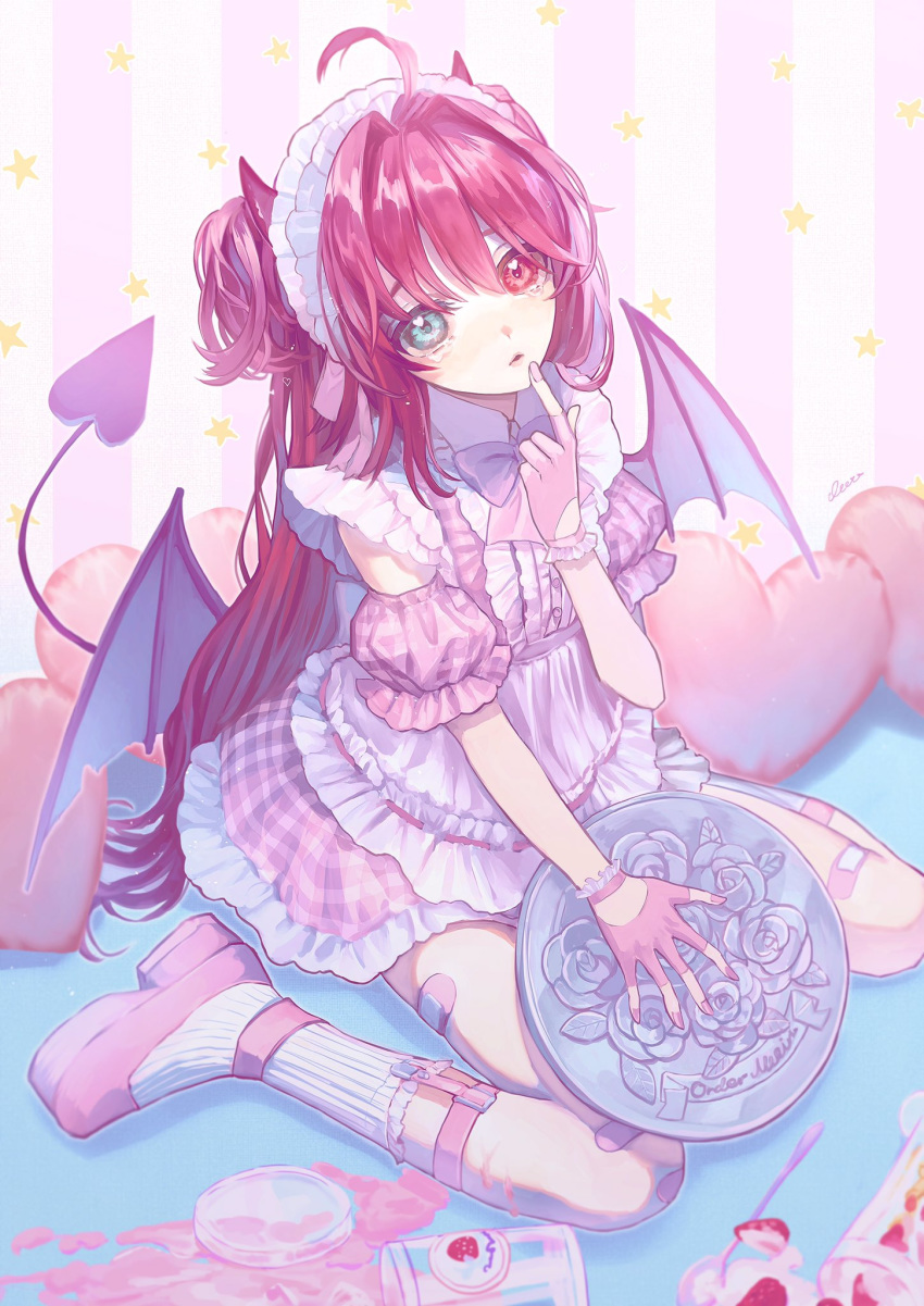 1girl, ahoge, apron, bandaid, bangs, blue_eyes, bow, collared_dress, crying, crying_with_eyes_open, demon_tail, demon_wings, detached_sleeves, dress, finger_to_mouth, fingerless_gloves, food, fruit, garter_straps, gloves, hair_between_eyes, heart, heterochromia, highres, iwoxiv, long_hair, maid_headdress, nail_polish, original, pink_dress, pink_footwear, pink_gloves, pink_hair, plaid, plaid_dress, red_eyes, short_twintails, signature, sitting, solo, strawberry, symbol_commentary, tail, tears, twintails, white_legwear, wings