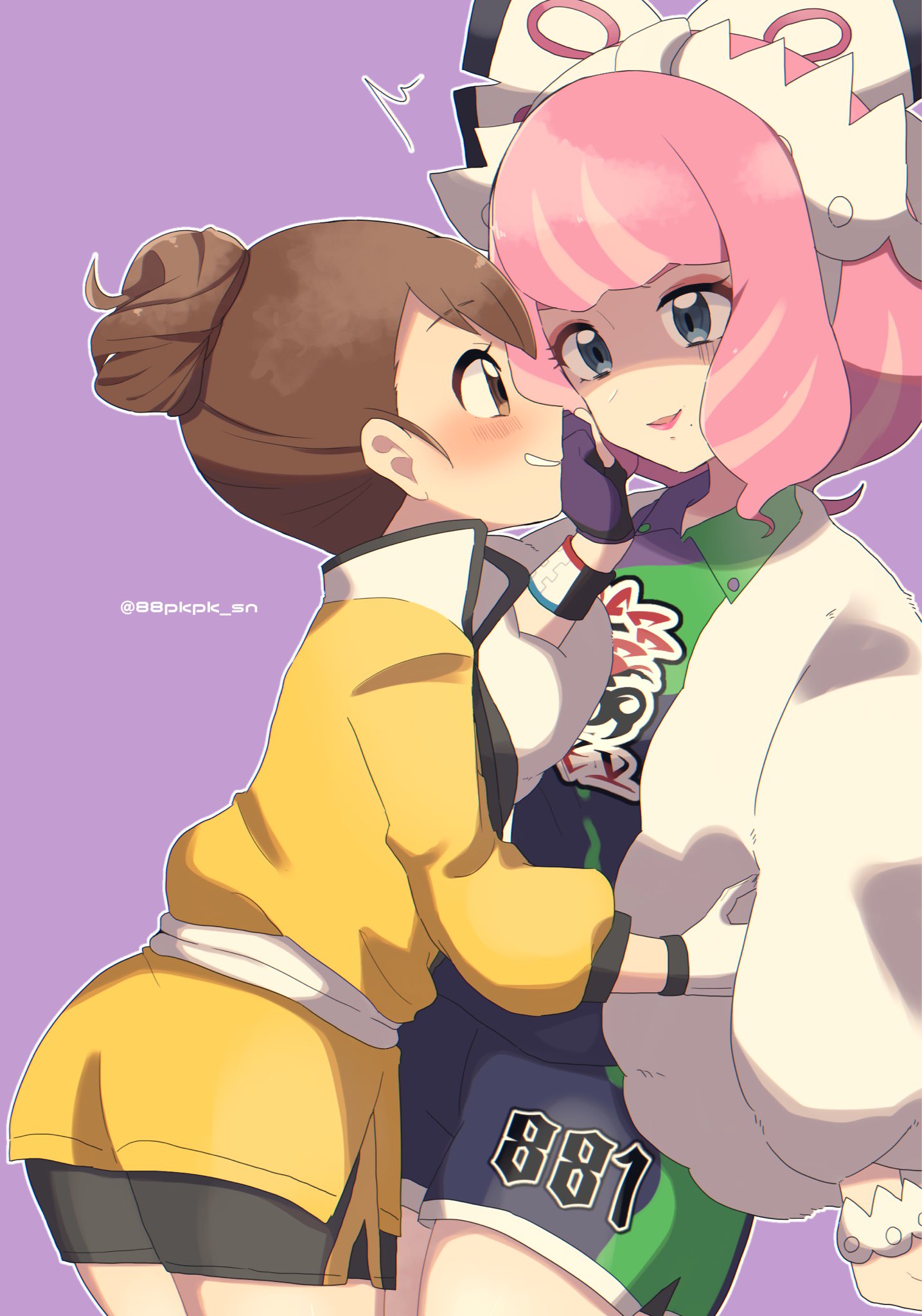 2girls, blush, bow, brown_hair, commentary, eye_contact, face-to-face, fingerless_gloves, from_side, gloves, hachi_(hachi_sin), hair_bow, hair_bun, highres, kurara_(pokemon), lipstick, looking_at_another, makeup, multiple_girls, pink_hair, pink_lipstick, pokemon, pokemon_(game), pokemon_swsh, purple_background, purple_gloves, shaded_face, short_shorts, shorts, twitter_username, white_bow, white_gloves, yuri, yuuri_(pokemon)