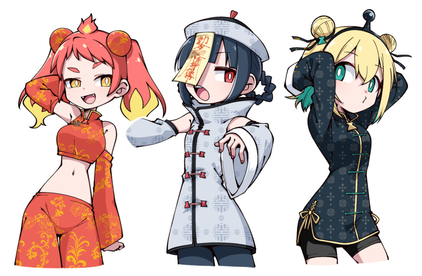3girls, :d, alternate_costume, alternate_hairstyle, amano_pikamee, arms_up, bangs, bare_shoulders
