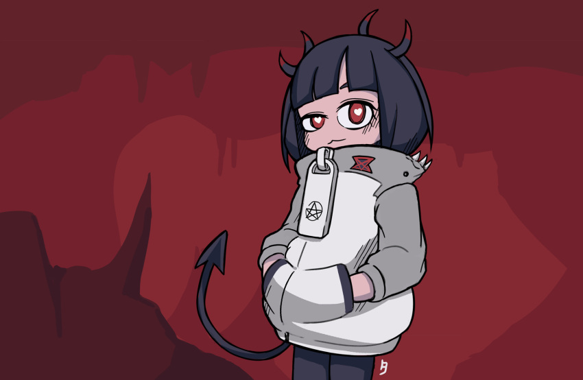 1girl, bangs, black_hair, blunt_bangs, closed_mouth, demon_girl, demon_horns, demon_tail