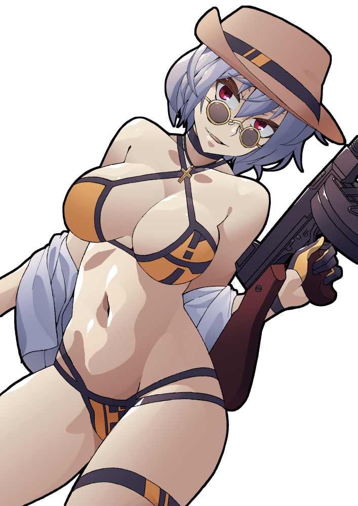 1girl, alternate_costume, bikini, bikini_bottom, bikini_top, breasts, cross, cross_necklace