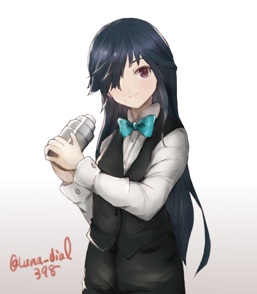 1girl, alternate_costume, bartender, black_hair, black_pants, black_vest, brown_eyes, cocktail_shaker