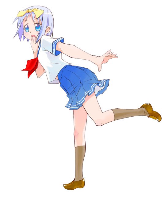 blue_eyes, fthgn338, hair_ribbon, hair_ribbons, hiiragi_tsukasa, kneehighs, lucky_star, purple_hair, ribbon, ribbons, school_uniform, short_hair, socks