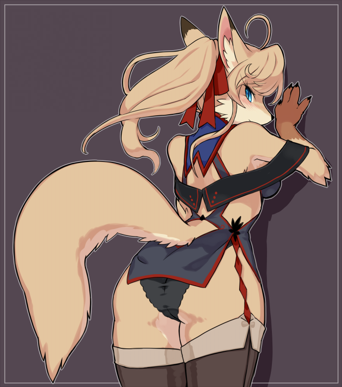 1girl, ahoge, animal_ears, animal_nose, ass, back, bare_shoulders, beige_fur