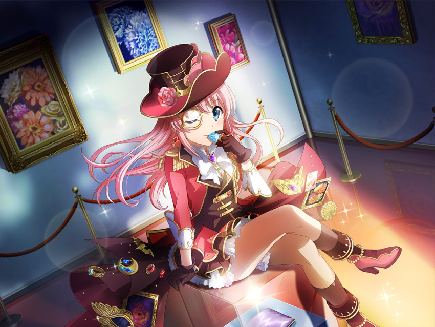 blue_eyes, dress, hat, long_hair, monocle, nonomiya_lalafin, pink_hair, shoujo_kageki_revue_starlight